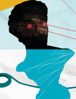 Montage photo où on peut lire ''HORS LES MURS: exposition des étudiant'es en arts visuels du cégep de Rimouski. Sur l'image, on peut voir un calmar en haut à gauche, un buste avec des yeux en laser touge en bas à droite, ainsi qu'un marteau jaune en arrière plan.