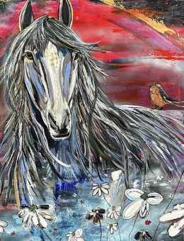 Peinture d'un cheval, dans des teintes de blanc et de bleu. En arrière plan, un ciel rouge. En avant plan, des fleurs blanches sur un fond bleu pâle.